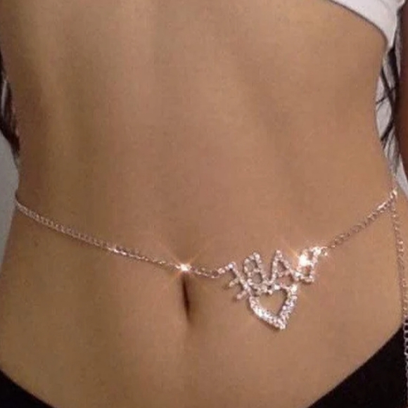BABE Y2K 2000s Rhinestone Silver Heart Waist Belly Chain Belt Festival Concert - Picture 5 of 11